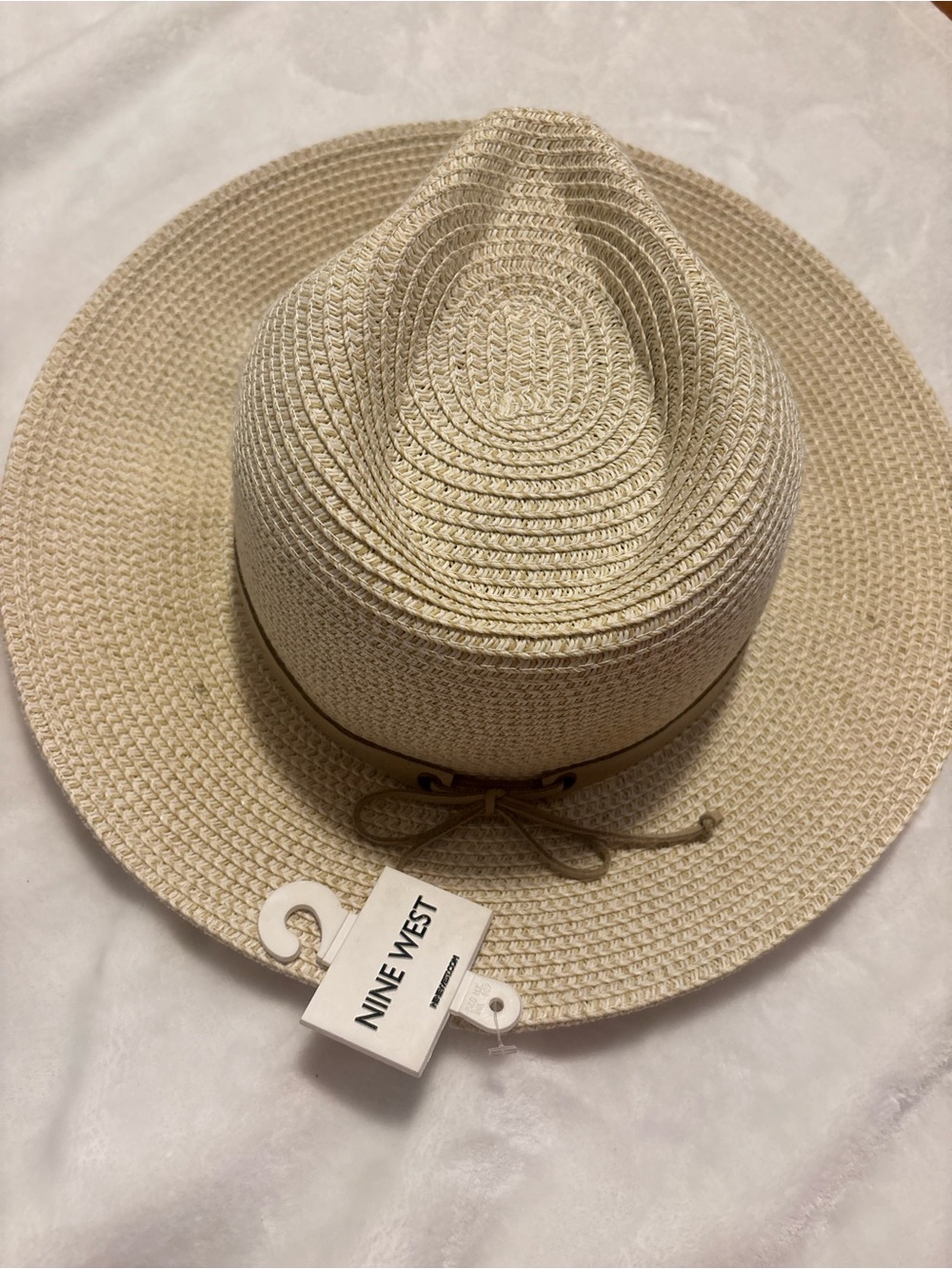 Nine West Beige Straw Fedora with Bow Trim